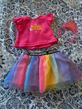 American Girl Pink "Happy Birthday" Top with Rainbow Tulle Skirt and Tiara